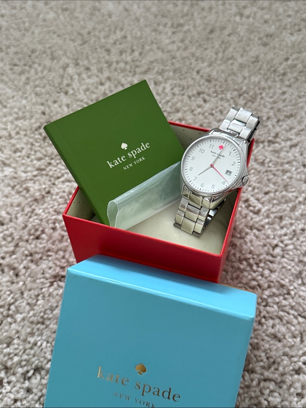 kate spade Silver Watch with White Dial and Pink Accents